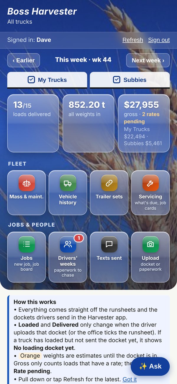 The Boss app home screen showing this week's loads delivered, tonnes and gross for a demo fleet