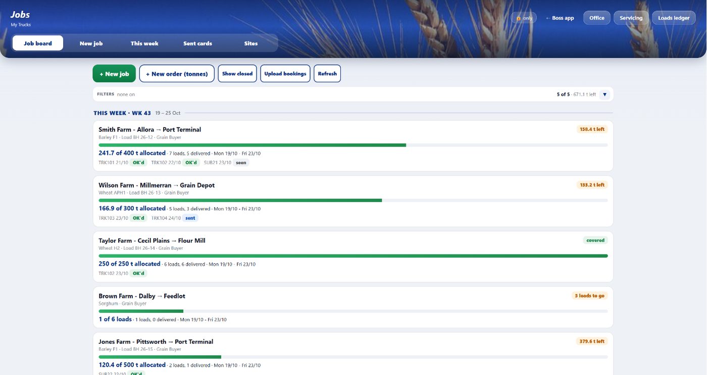 Jobs page on the laptop: the job board with each order's tonnes allocated and which trucks have OK'd their job cards