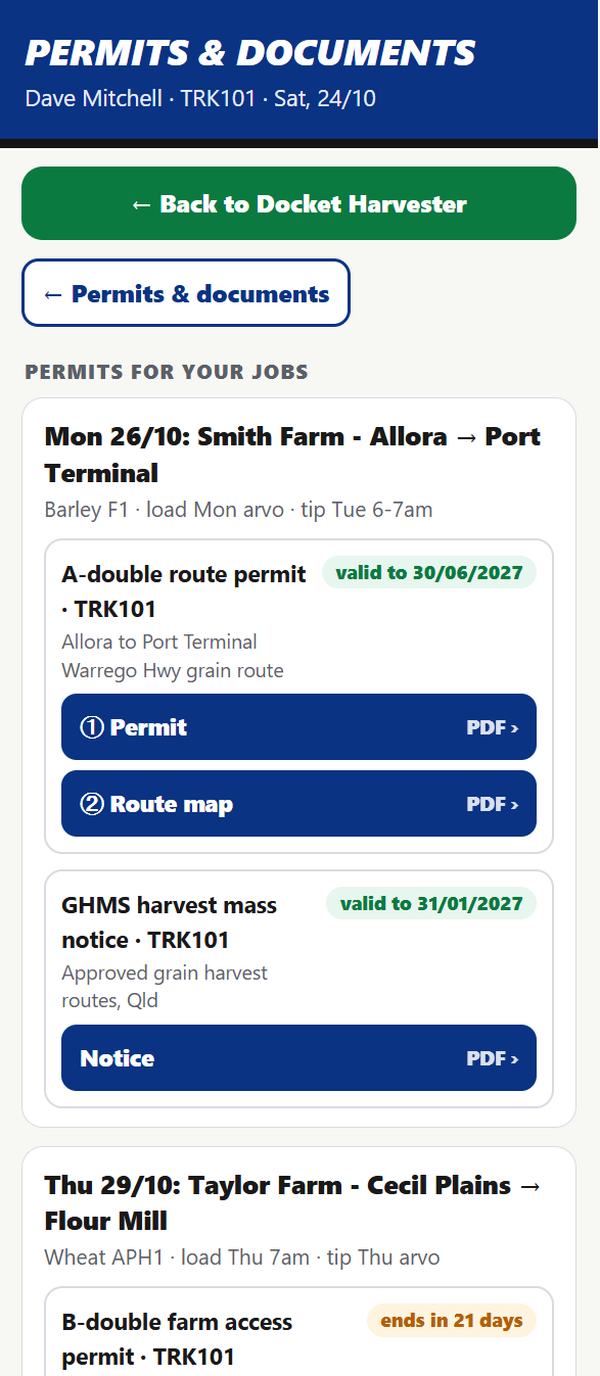 The Harvester driver app permits screen showing the suggested permits for each of the driver's jobs