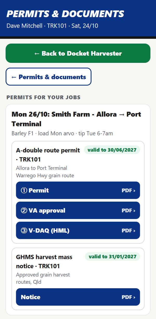 Harvester driver app permits screen with the suggested permit for each job
